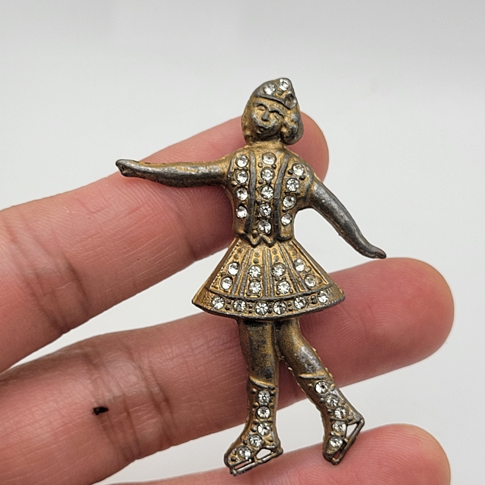 Vintage Gold and Silver Tone Figure Skater Rhinestone Brooch C-Clasp c1930
